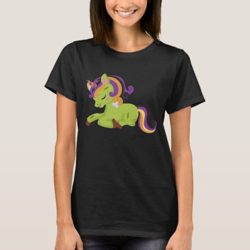 Cute Frankenstein Unicorn Halloween Drawing T_Shirt