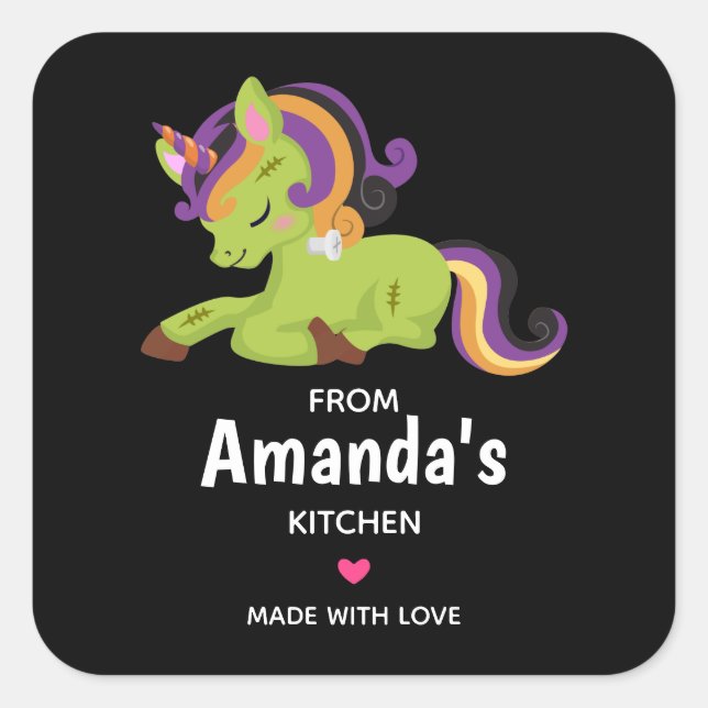 Cute Frankenstein Unicorn Halloween Kitchen Square Sticker (Front)