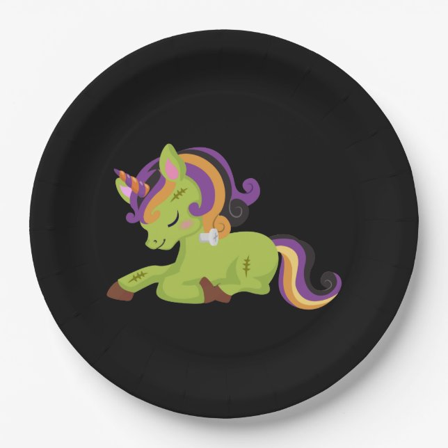 Cute Frankenstein Unicorn Halloween Paper Plates (Front)