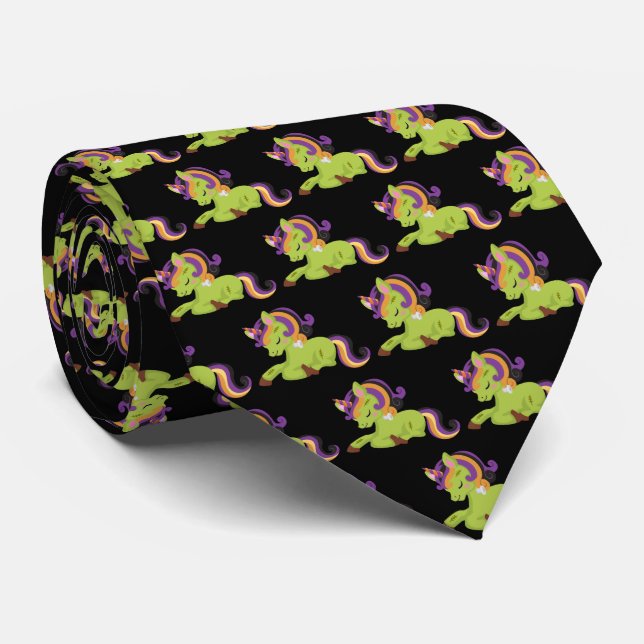 Cute Frankenstein Unicorn Halloween Pattern Neck Tie (Rolled)