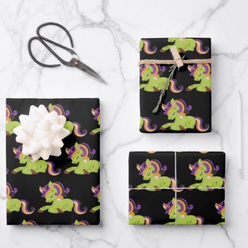 Cute Frankenstein Unicorn Halloween Pattern Wrapping Paper Sheets