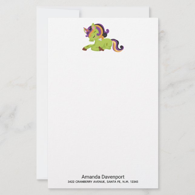 Cute Frankenstein Unicorn Halloween Stationery (Front)