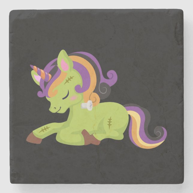 Cute Frankenstein Unicorn Halloween Stone Coaster (Front)