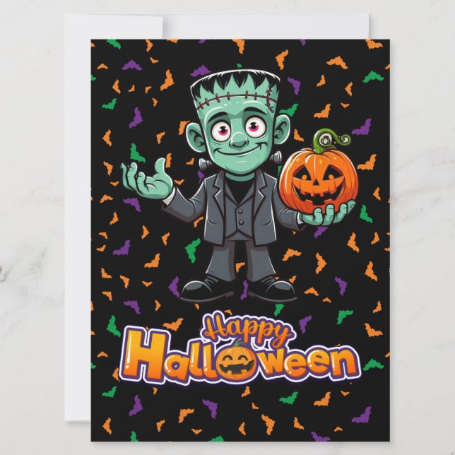 Cute Frankenstein's monster with bats/pumpkin Holiday Card (Front)