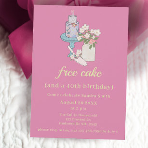 Cute Free Cake Funny 40th Birthday Invitation