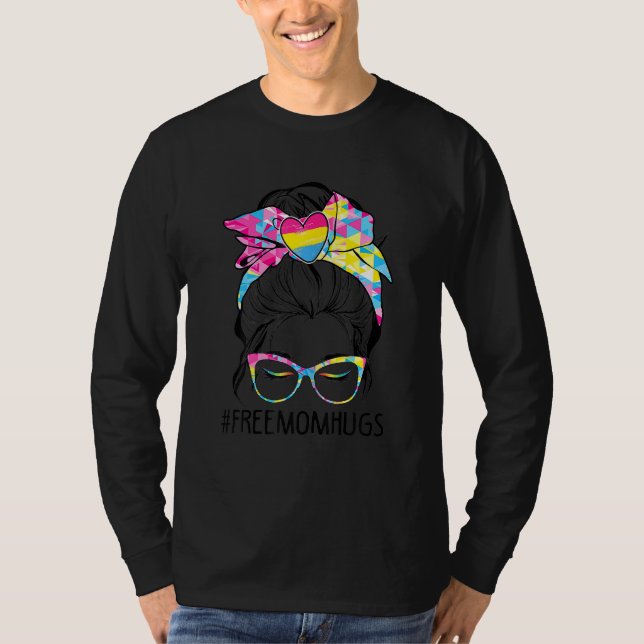 Cute Free Mom Hugs Messy Bun Pansexual Pride Rainb T-Shirt (Front)