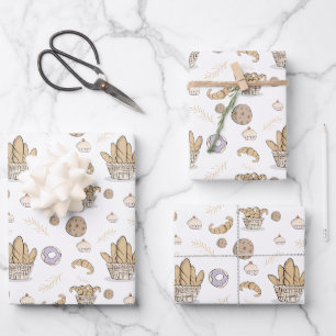 Cute French Bakery Pastries & Bread Neutral Patter Wrapping Paper Sheets