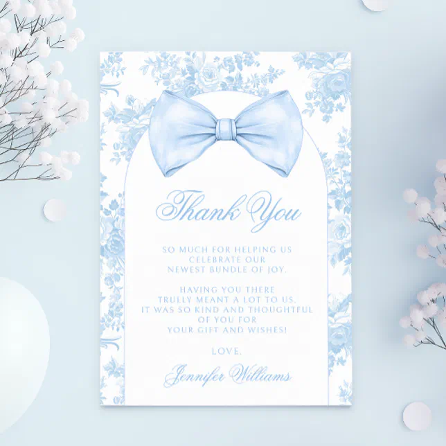 Cute French Blue Bow Tie Boho Baby Boy Shower Thank You Card | Zazzle