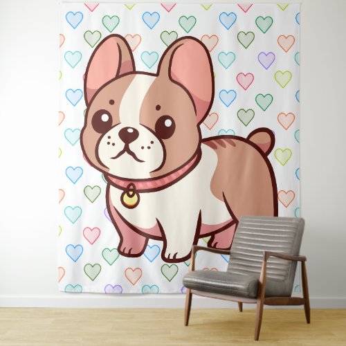 Cute French Bulldog And Hearts Tapestry