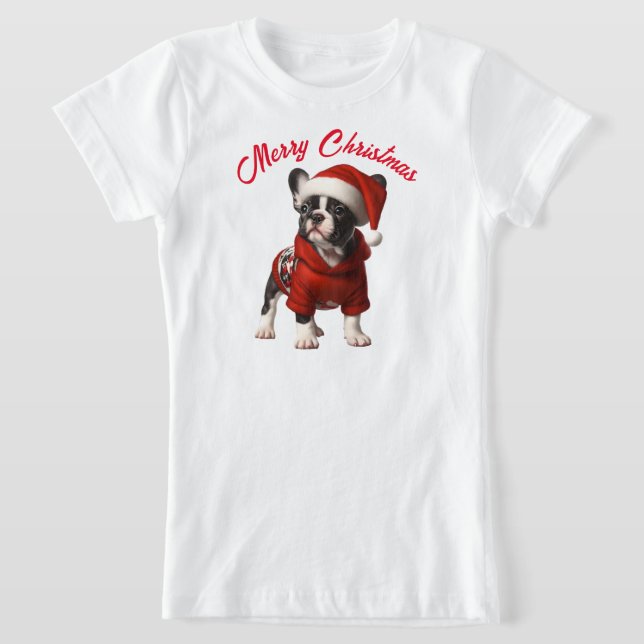 Cute French Bulldog and Santa Hat T-Shirt (Laydown)