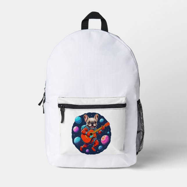 Cute French Bulldog Astronaut Playing Guitar – Fun Printed Backpack (Front)
