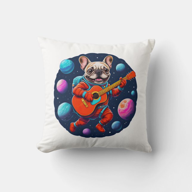 Cute French Bulldog Astronaut Playing Guitar – Fun Throw Pillow (Front)