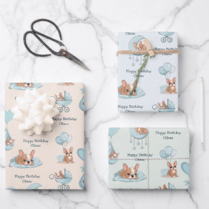Cute French Bulldog Baby Boy Birthday Wrapping Paper Sheets