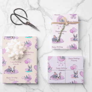 Cute French Bulldog Baby Girl Birthday Wrapping Paper Sheets