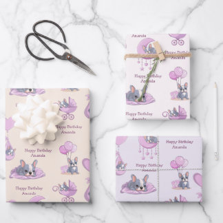 Cute French Bulldog Baby Girl Birthday Wrapping Paper Sheets