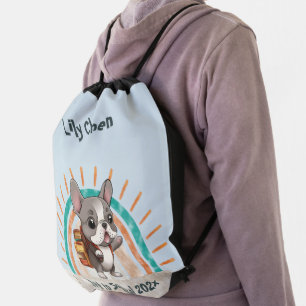 Cute French bulldog back to school rainbow Drawstring Bag