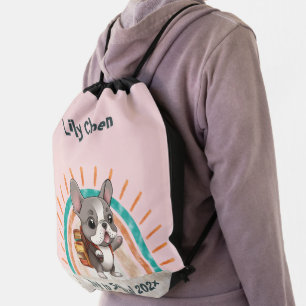Cute French bulldog back to school rainbow Drawstring Bag
