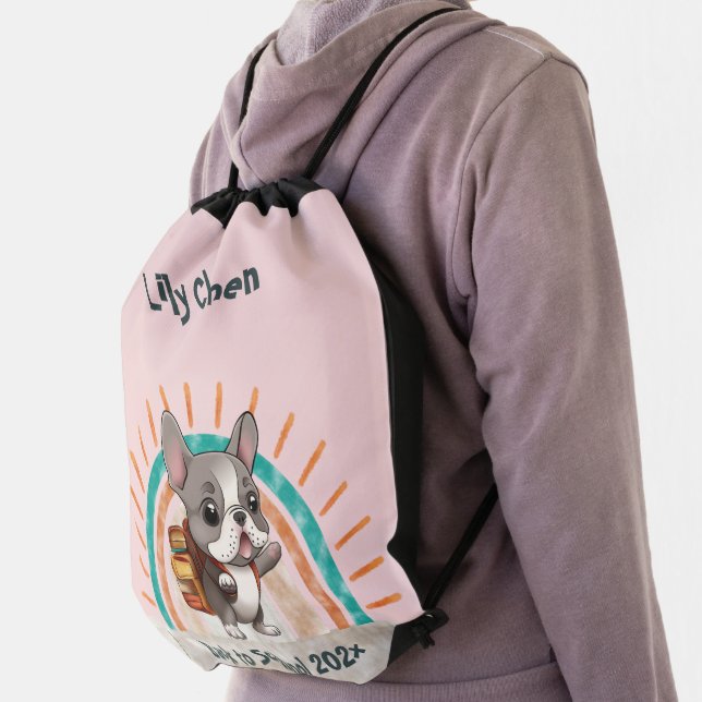 Cute French bulldog back to school rainbow Drawstring Bag (Insitu)