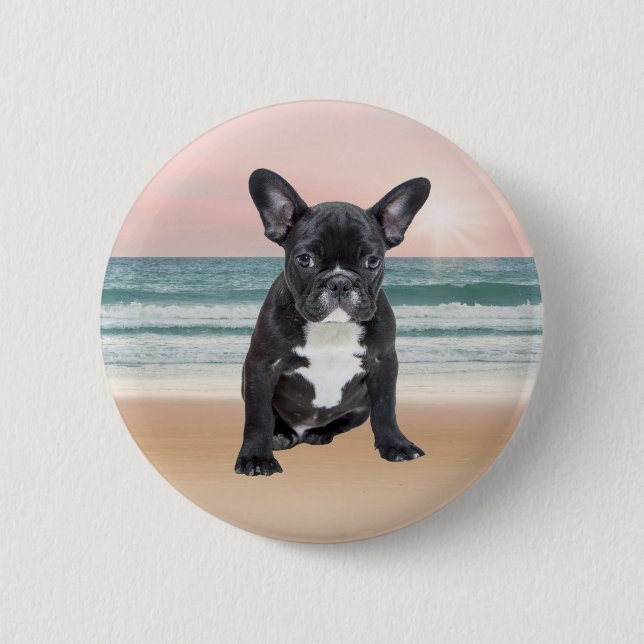 Cute French Bulldog Beach Sun Water Button (Front)