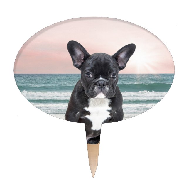 Cute French Bulldog Beach Sun Water Cake Topper (Front)