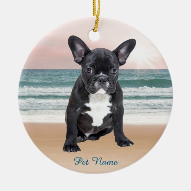 Cute French Bulldog Beach Sun Water Ceramic Ornament (Front)