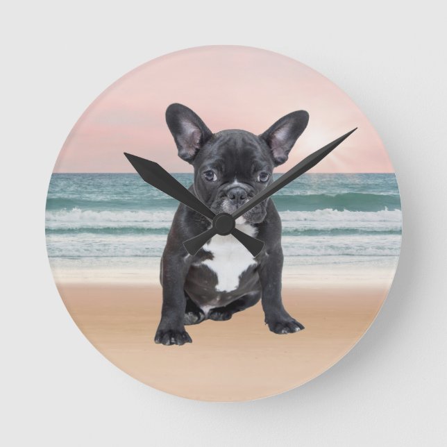 Cute French Bulldog Beach Sun Water Round Clock (Front)
