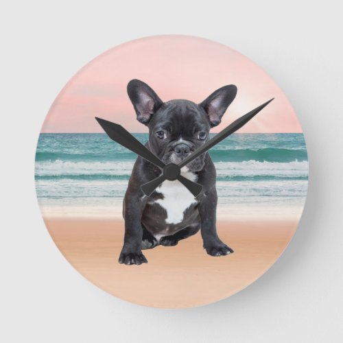 Cute French Bulldog Beach Sun Water Round Clock