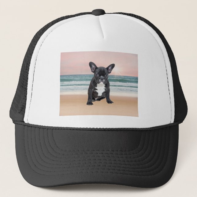 Cute French Bulldog Beach Sun Water Trucker Hat (Front)