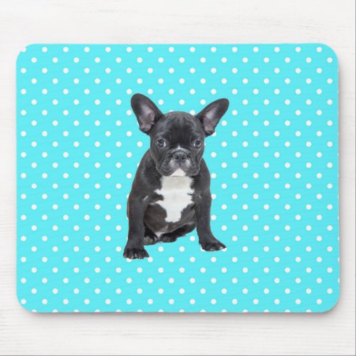 Cute French Bulldog Blue Polka Dots Mousepad