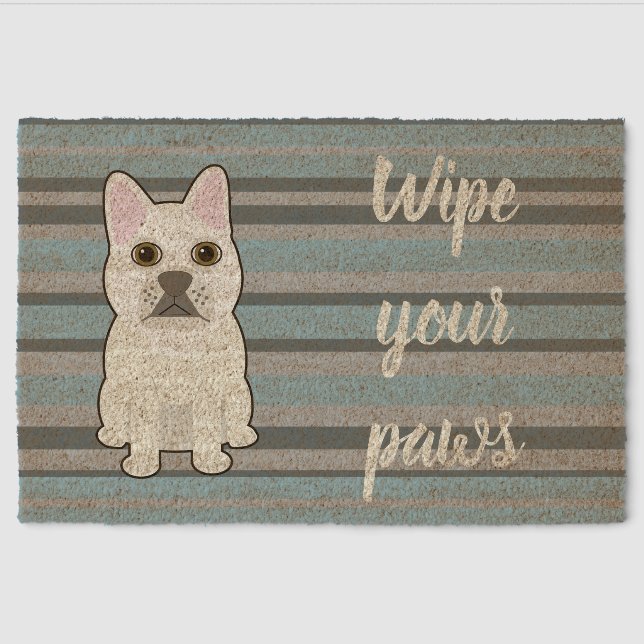 Cute French Bulldog Blue Striped Fiber Doormat (Front)