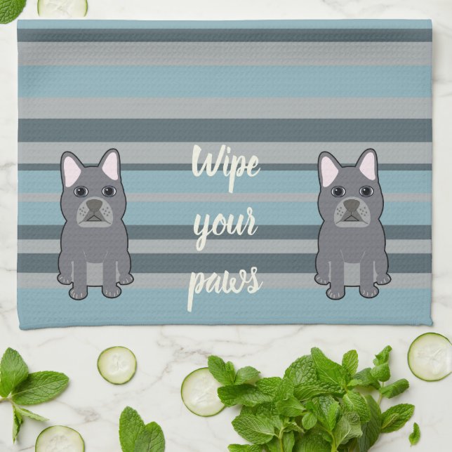 Cute French Bulldog Blue Striped Kitchen Towel (Folded)
