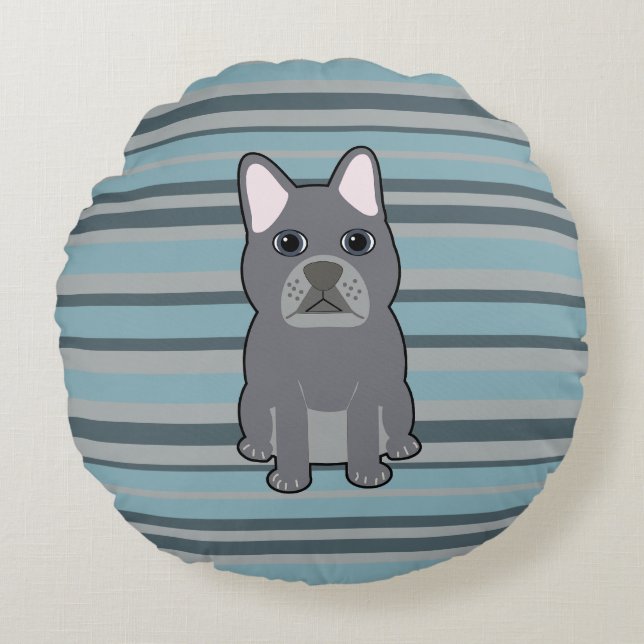 Cute French Bulldog Blue Striped Round Pillow (Front)