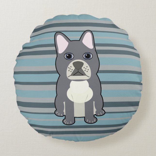 Cute French Bulldog Blue Striped Round Pillow (Front)