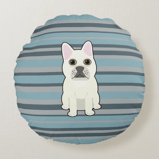 Cute French Bulldog Blue Striped Round Pillow (Front)