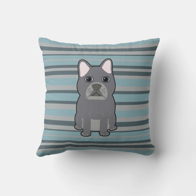 Cute French Bulldog Blue Striped Throw Pillow (Back)