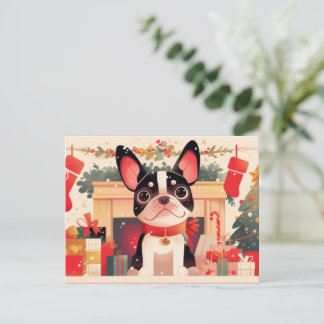 Cute French Bulldog by the Christmas Fireplace Holiday Postcard