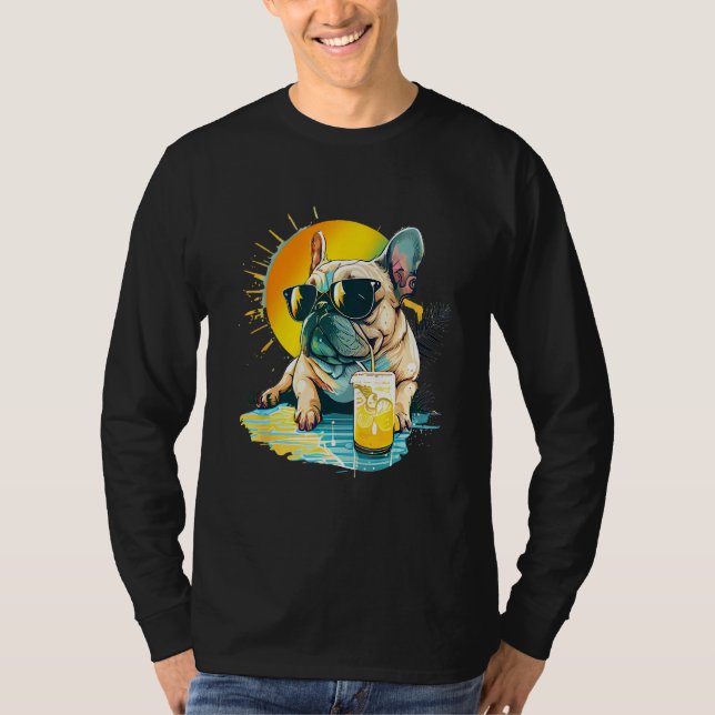 Cute French Bulldog chillin tropical drink on summ T-Shirt (Front)