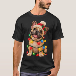 Cute French Bulldog Christmas Lights Santa Hat T-Shirt
