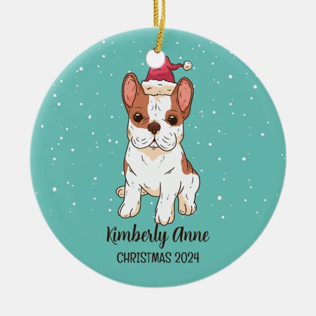 Cute French Bulldog Christmas Snowy Winter Holiday Ceramic Ornament (Front)