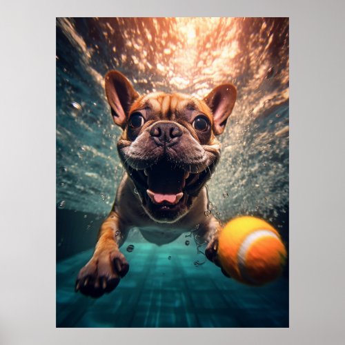 Cute French Bulldog Diving Underwater Poster