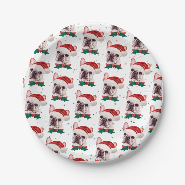 Cute French Bulldog Dog Christmas Pattern Paper Plates (Front)