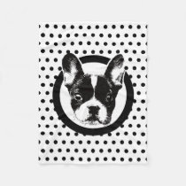 Cute French Bulldog Dog Face Polka Dots Fleece Blanket