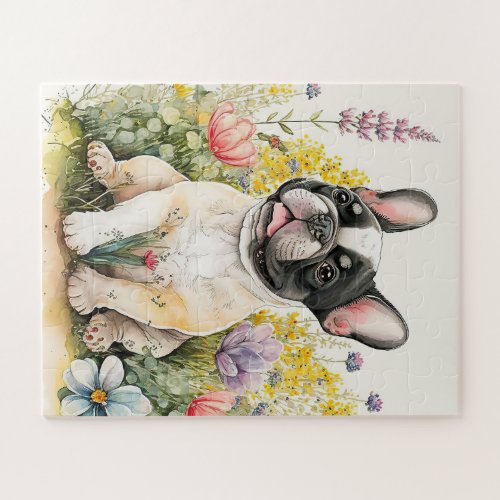 Cute French Bulldog Dog Floral Puppy  Jigsaw Puzzle