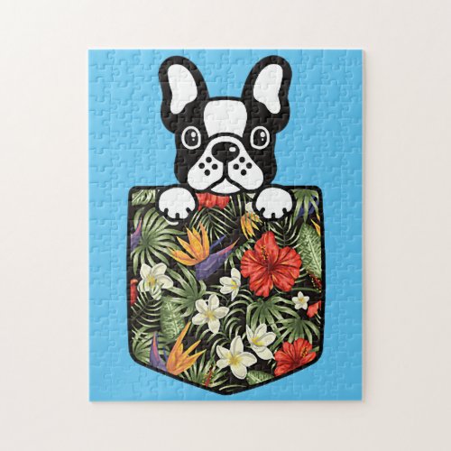 cute french bulldog dog in hawaiian flower pocket  jigsaw puzzle