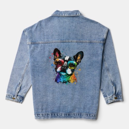 Cute French Bulldog Face Glasses Colorful Graphic  Denim Jacket