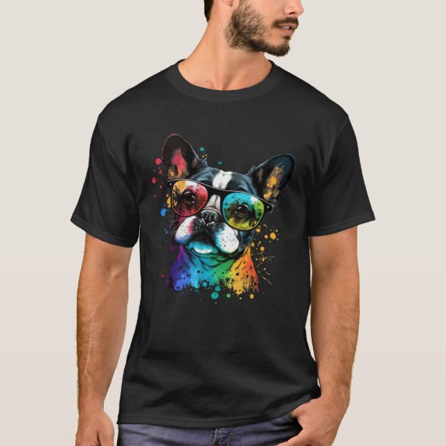 Cute French Bulldog Face Glasses Colorful Graphic  T-Shirt (Front)