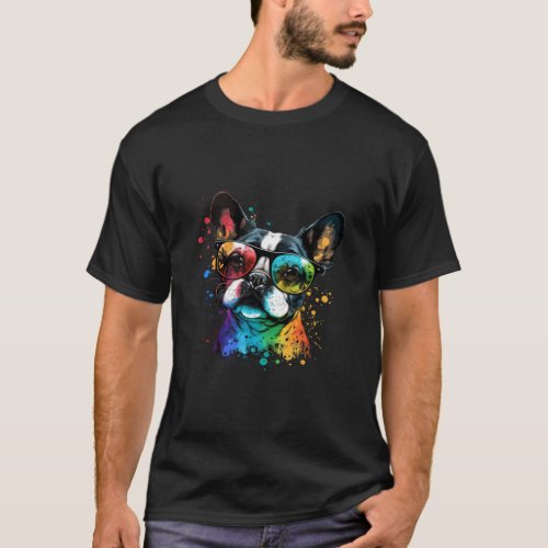Cute French Bulldog Face Glasses Colorful Graphic  T_Shirt