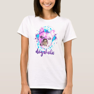 Cute French Bulldog Face Pink Blue Dogaholic T-Shirt
