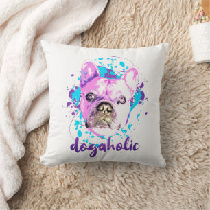 Cute French Bulldog Face Pink Blue Dogaholic Throw Pillow