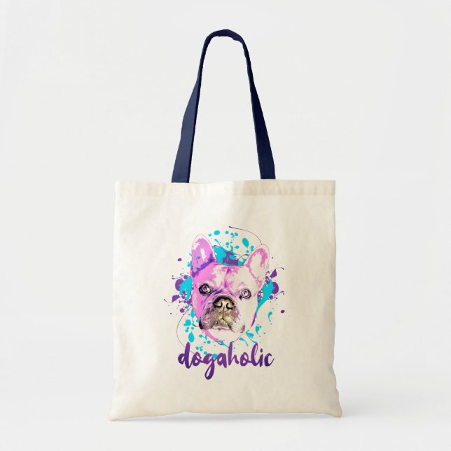 Cute French Bulldog Face Pink Blue Dogaholic Tote Bag (Front)